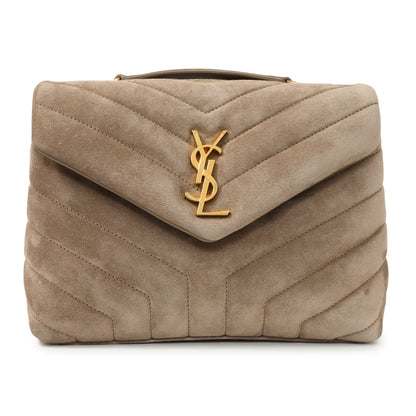Exclusive Saint Laurent Beige Suede Y Quilted Monogram Small Loulou Chain Satchel — Front View