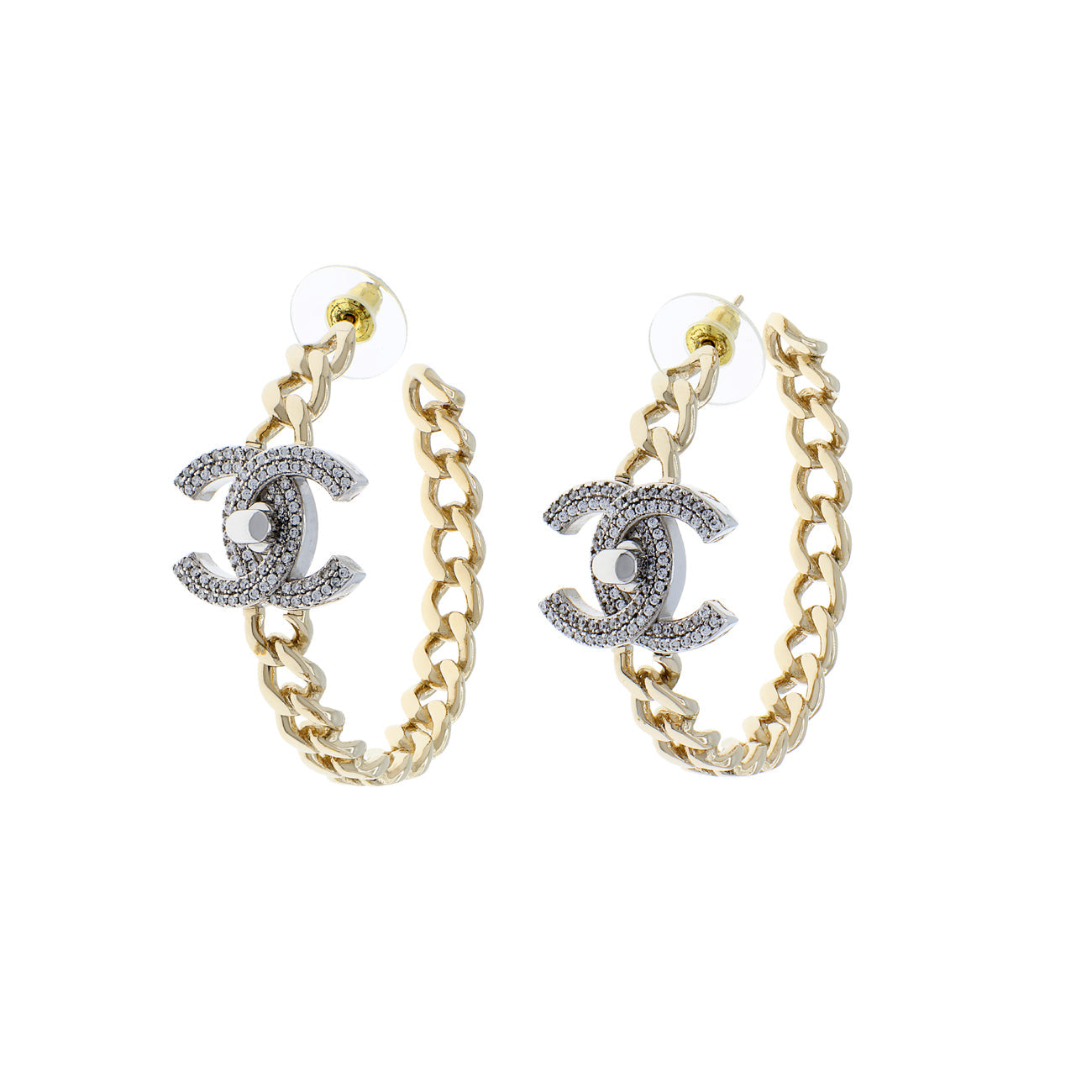 Exclusive Chanel Crystal CC Chain Hoop Earrings — Front View