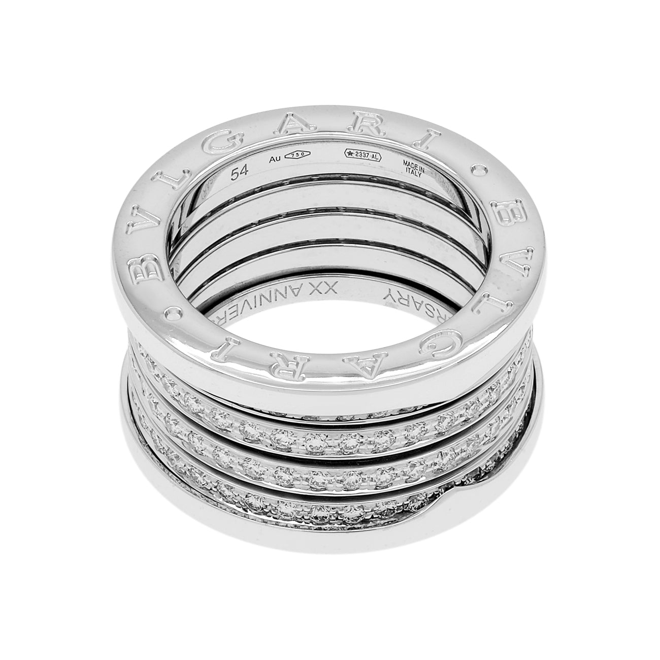 Exclusive Bulgari 18K White Gold Diamond B.Zero1 20th Anniversary Edition Ring — Front View