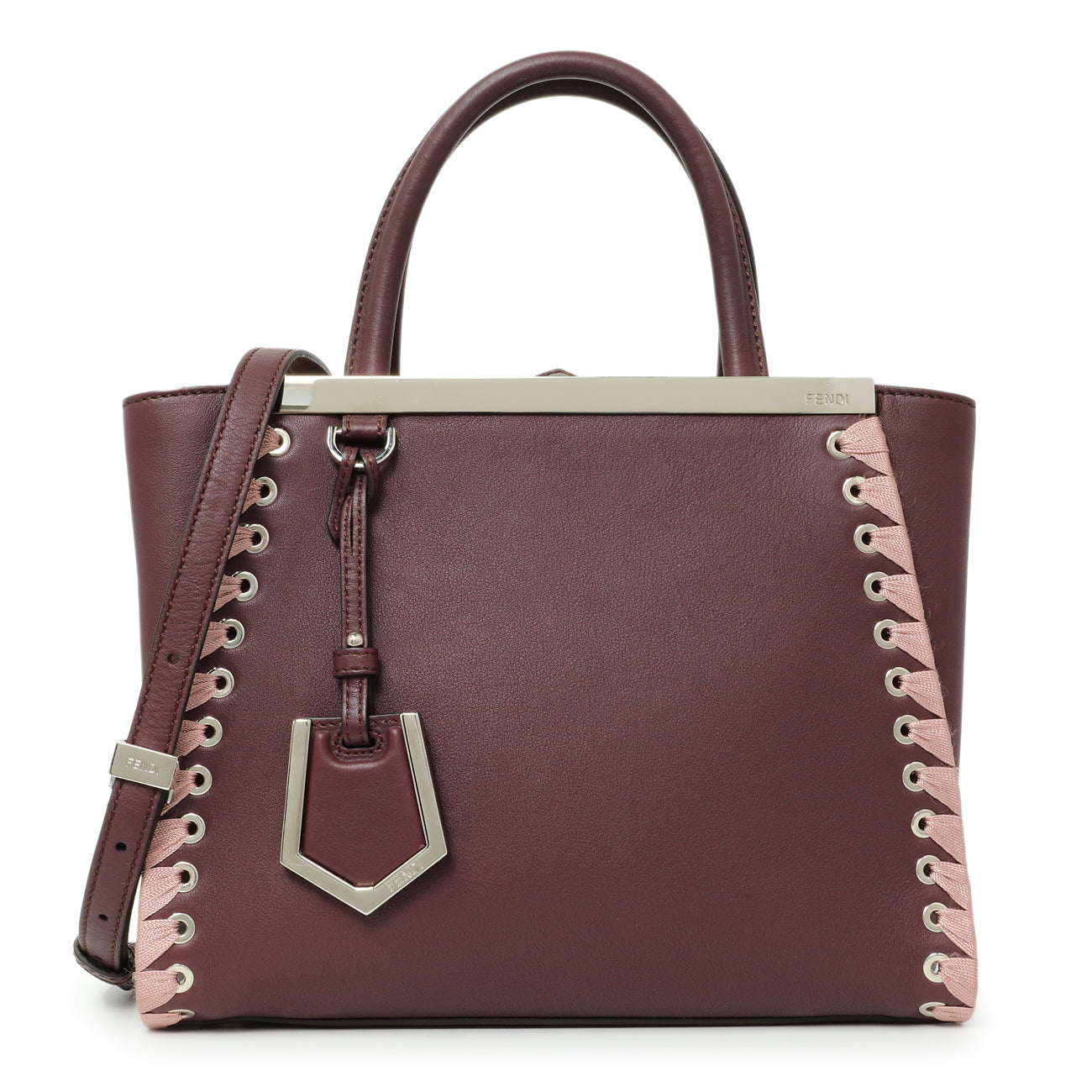 Exclusive Fendi Dark Red Rosa Doll Vitello Dolce Ribbon Lace Up Petite 2Jours Tote — Front View