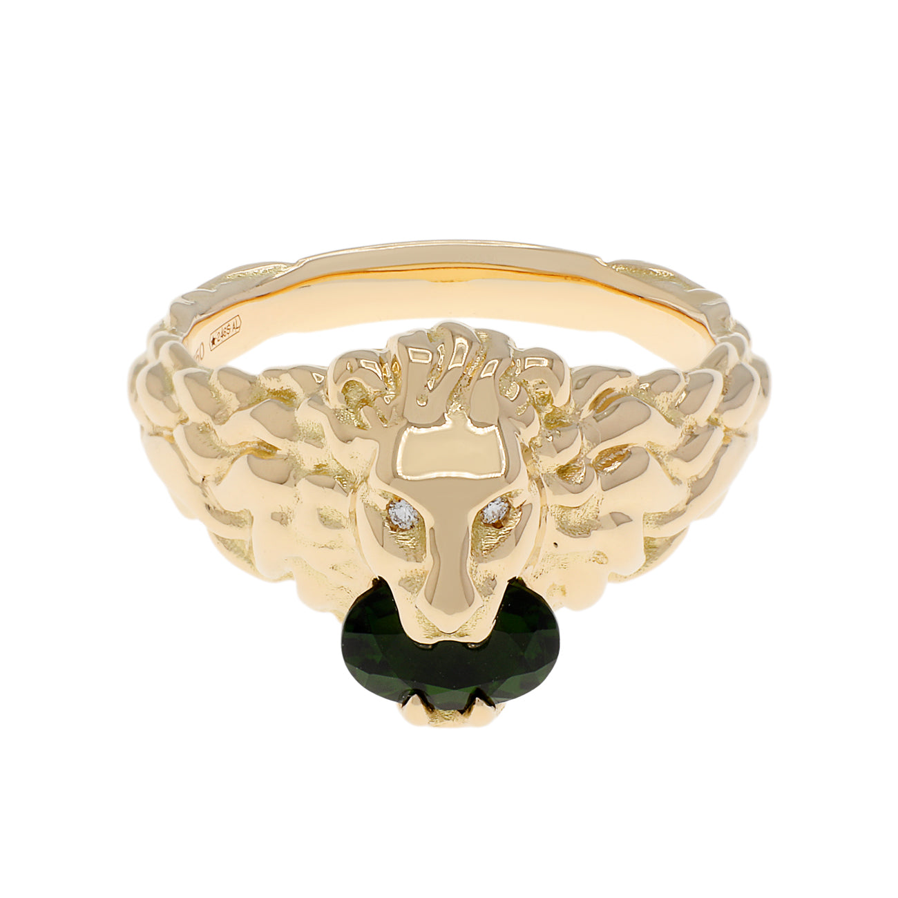 Exclusive Gucci 18K Yellow Gold Diamond Chrome Diopside Lion Head Ring — Front View