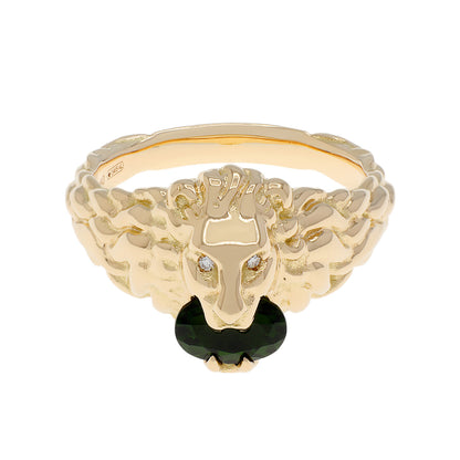 Exclusive Gucci 18K Yellow Gold Diamond Chrome Diopside Lion Head Ring — Front View