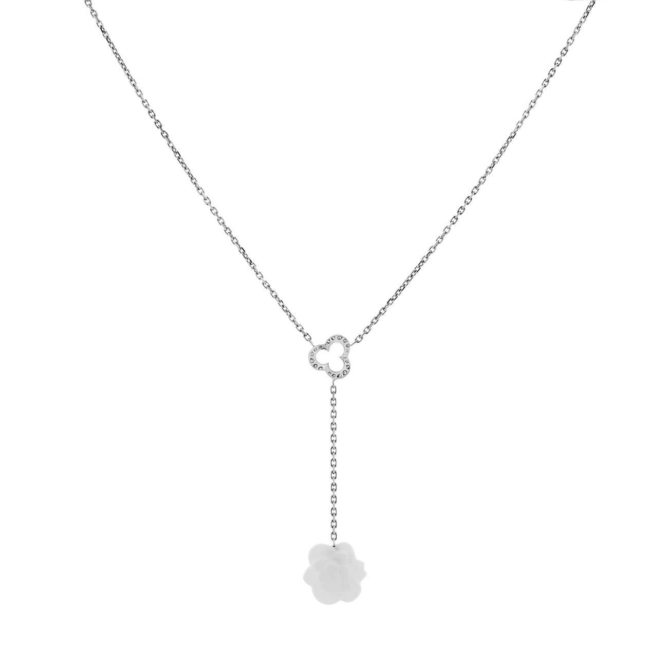 Exclusive Chanel 18K White Gold Diamond Agate Camelia Sculpte Pendant Necklace — Side View