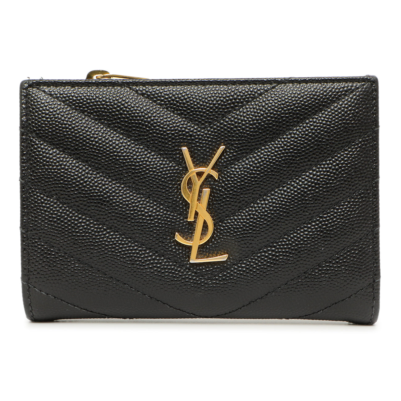 Exclusive Saint Laurent Black Grain De Poudre Matelasse Chevron Monogram Zipped Two-Part Wallet — Front View