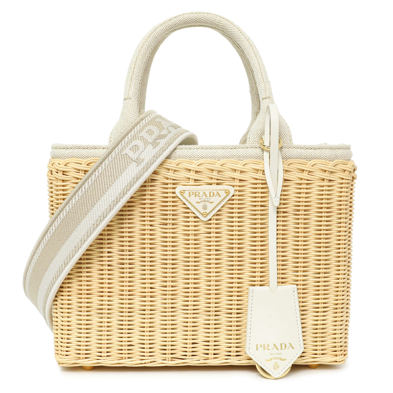 Exclusive Prada Beige Wicker Linen Medium Tote — Front View