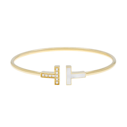 Exclusive Tiffany & Co. 18K Yellow Gold Diamond Mother of Pearl T Wire Bracelet — Front View