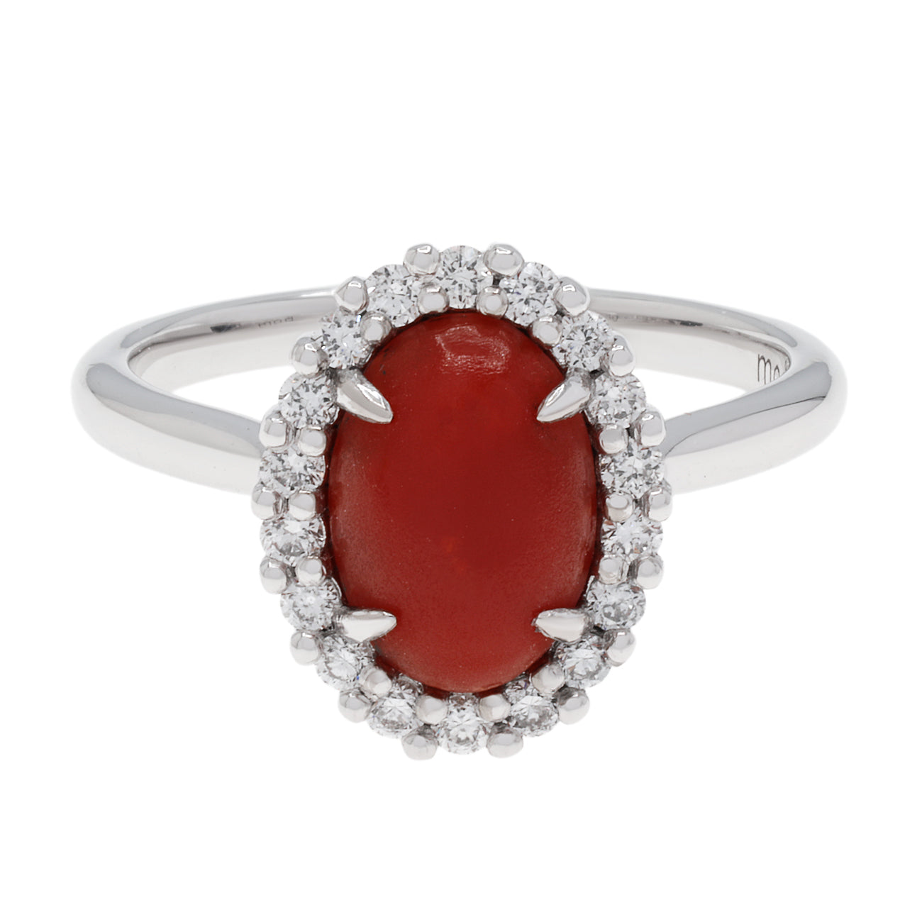 Exclusive 18K White Gold Cabochon Coral Halo Diamond Ring — 3.75 — Front View