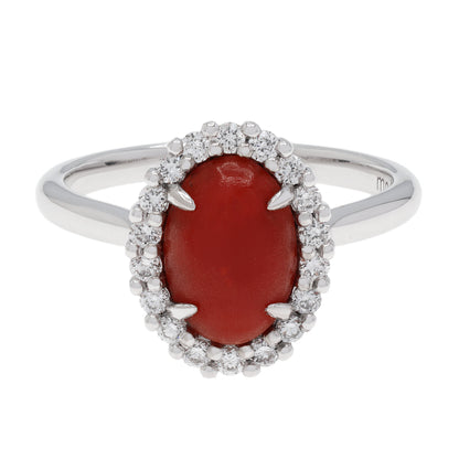 Exclusive 18K White Gold Cabochon Coral Halo Diamond Ring — 3.75 — Front View