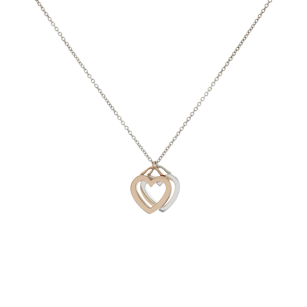 Exclusive Tiffany & Co. Sterling Silver 18K Rose Gold Double Open Heart Pendant Necklace — Front View