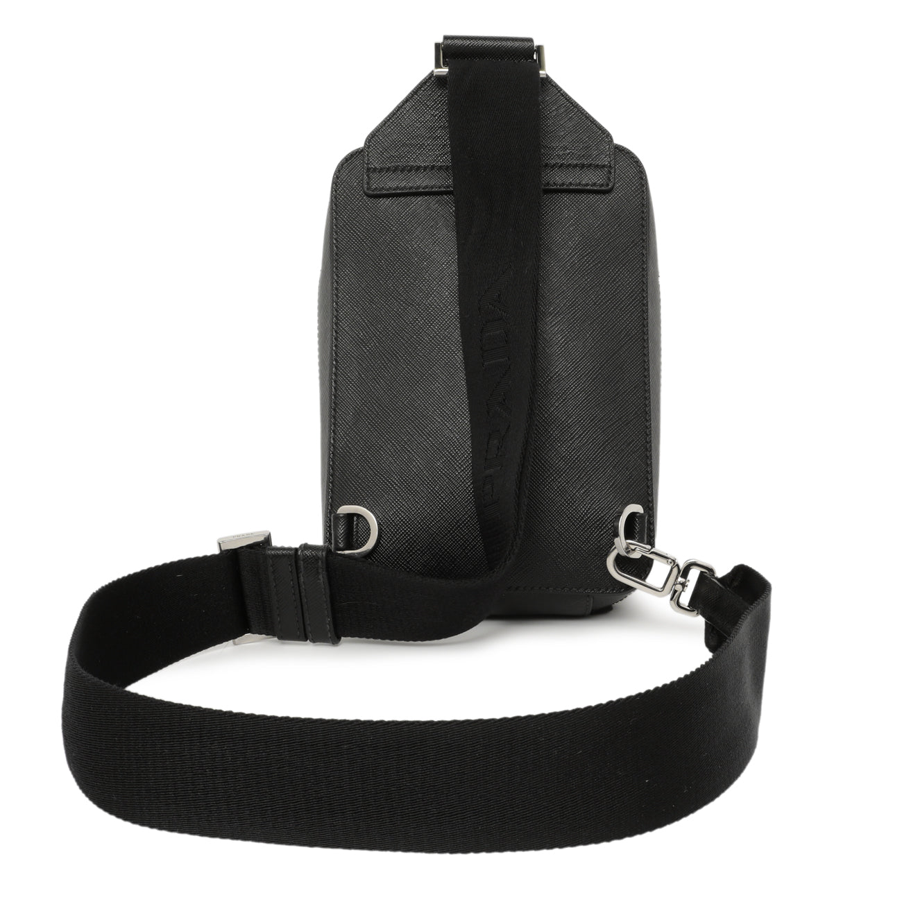 Exclusive Prada Black Brique Saffiano Travel Sling Bag — Side View