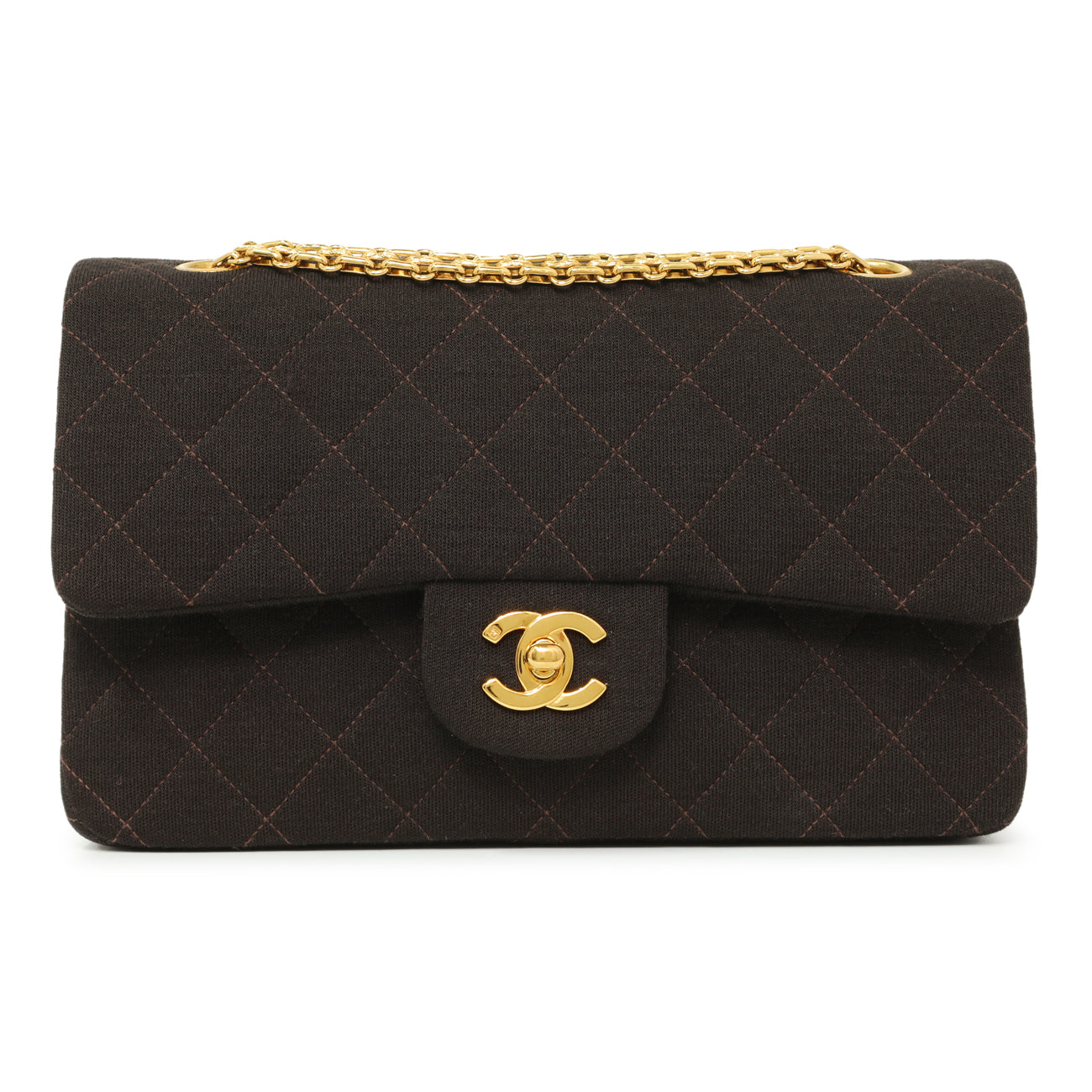 Exclusive Chanel Brown Quilted Jersey Small Double Flap — Front View