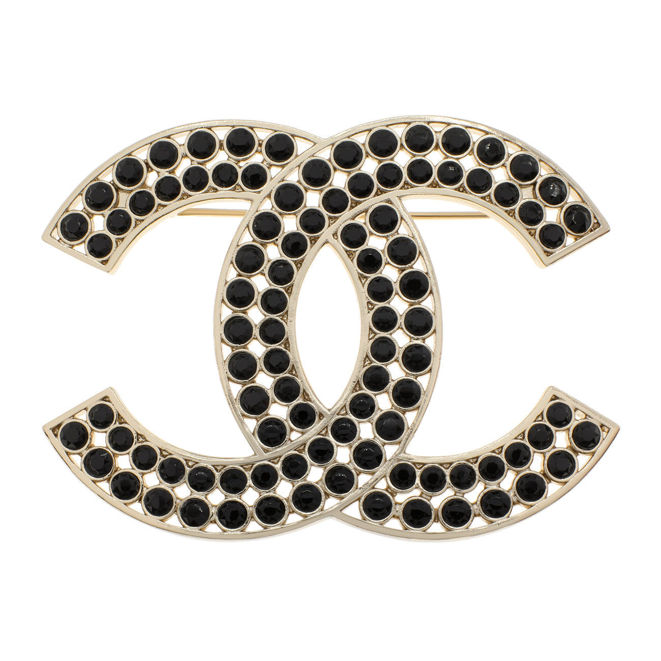 Exclusive Chanel Black Crystal CC Brooch — Front View