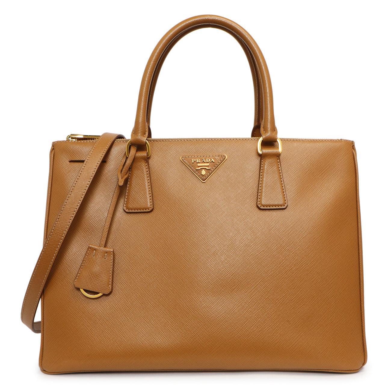 Exclusive Prada Caramel Saffiano Medium Galleria Double Zip Tote — Front View