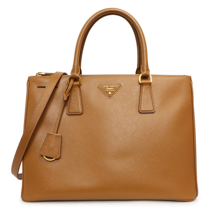 Exclusive Prada Caramel Saffiano Medium Galleria Double Zip Tote — Front View