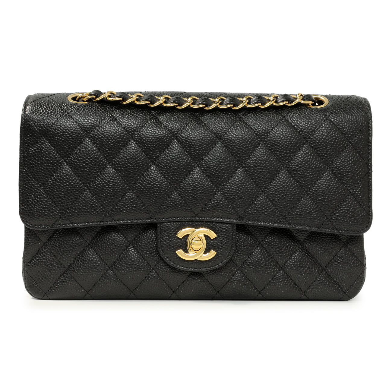 Exclusive Chanel Black Quilted Caviar Medium Classic Double Flap — Front View