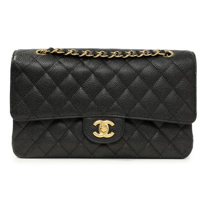 Exclusive Chanel Black Quilted Caviar Medium Classic Double Flap — Front View