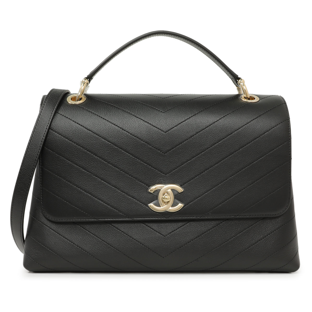 Exclusive Chanel Black Calfskin Medium Chevron Chic Top Handle Flap — Front View