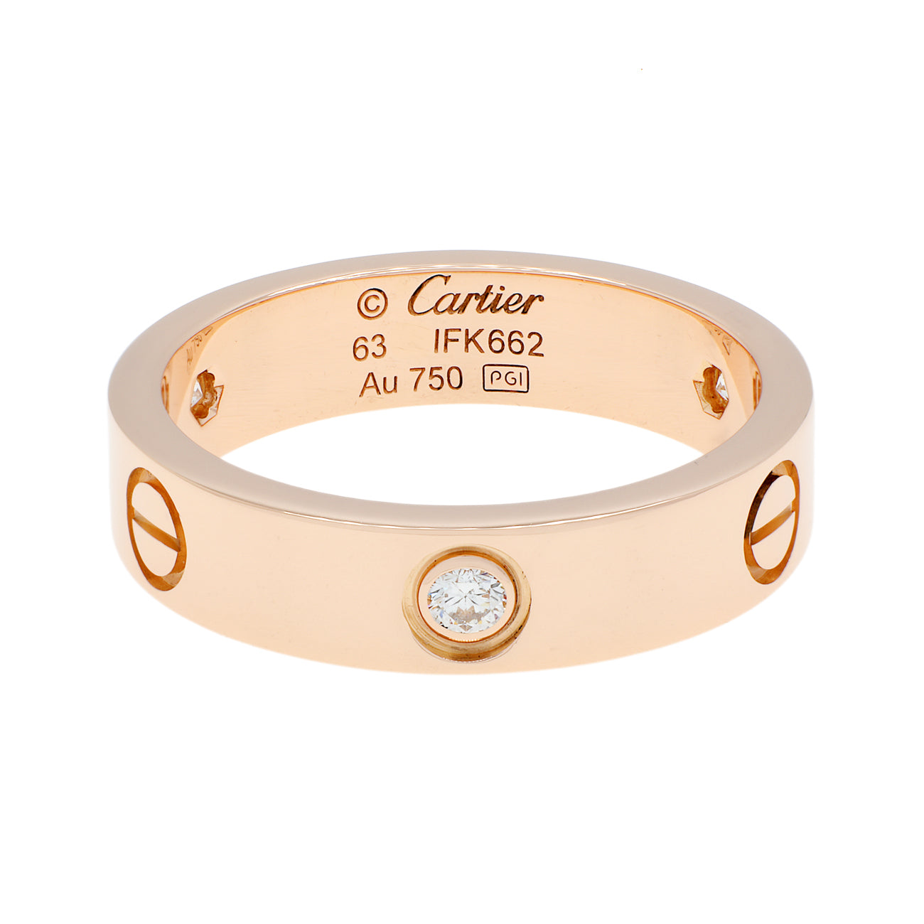 Exclusive Cartier 18K Rose Gold 3 Diamond Classic Love Ring — Front View