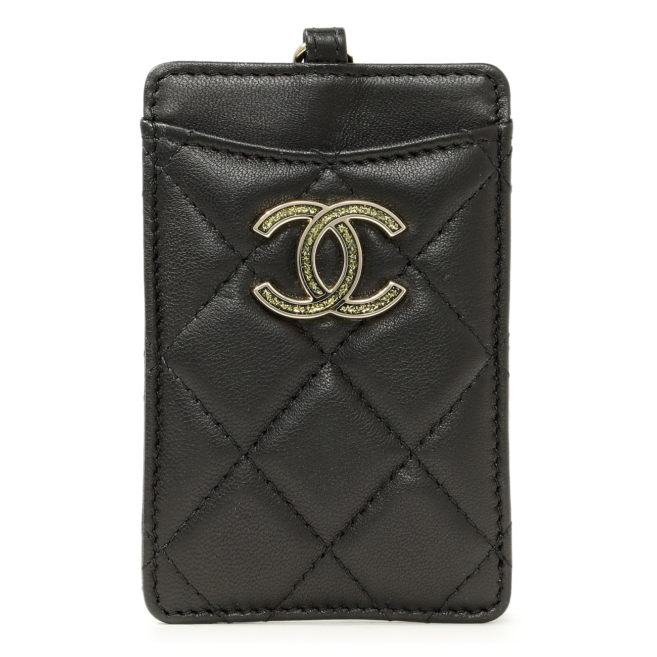 Exclusive Chanel Black Quilted Lambskin Card Holder on Chain — Side View