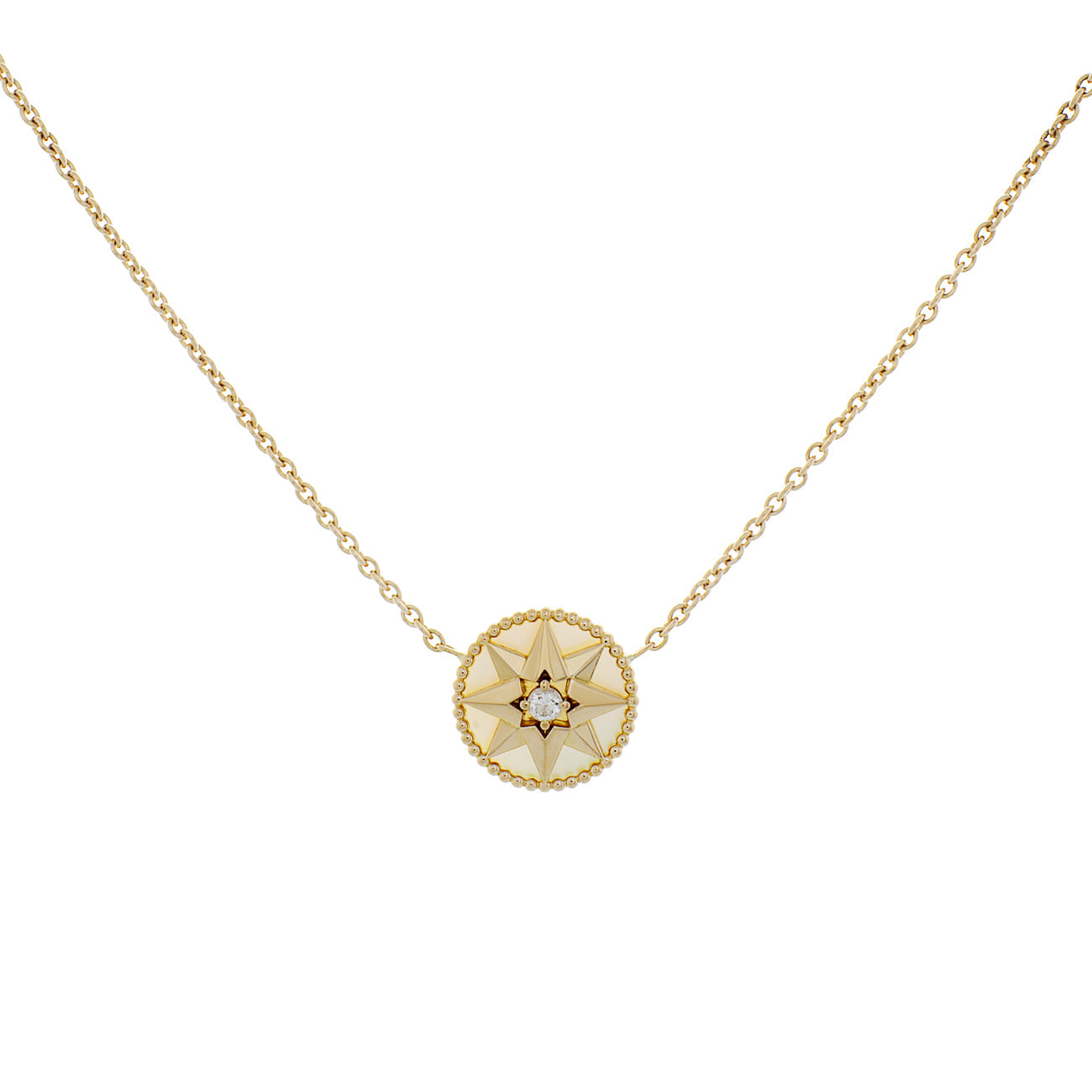 Exclusive Christian Dior 18K Yellow Gold Diamond Mother of Pearl Rose des Vents Necklace — Front View