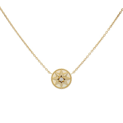 Exclusive Christian Dior 18K Yellow Gold Diamond Mother of Pearl Rose des Vents Necklace — Front View