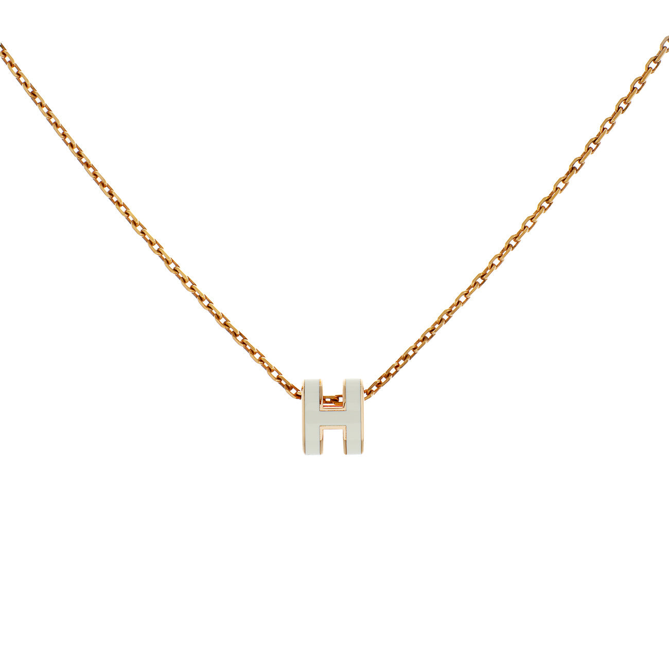 Exclusive Hermes Rose Gold White Lacquer Mini Pop H Pendant Necklace — Front View