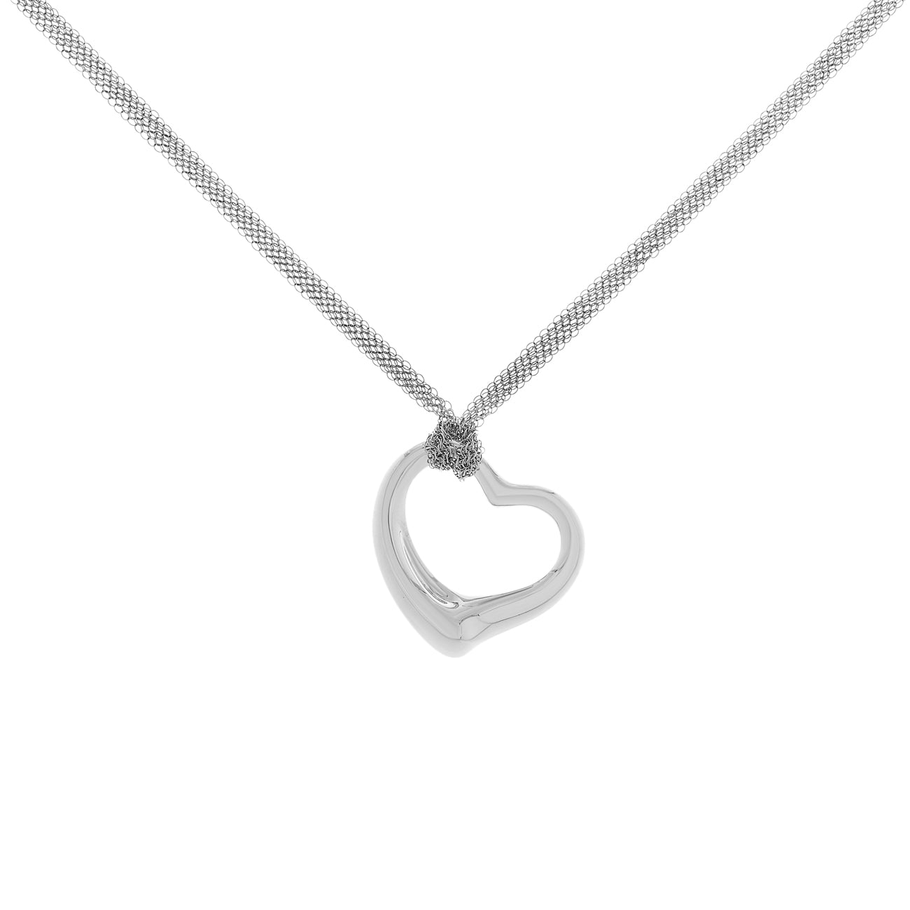 Exclusive Tiffany & Co. Sterling Silver Open Heart Pendant w/ Mesh Necklace — Front View