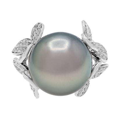 Exclusive 18K White Gold 14.1mm Tahitian Black Pearl Diamond Diamond Blossom Ring — 3.25 — Front View