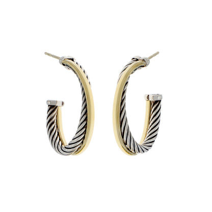 Exclusive David Yurman Sterling Silver 18K Yellow Gold Crossover Oval Hoop Earrings — Front View
