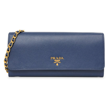 Exclusive Prada Blue Saffiano Chain Wallet — Front View