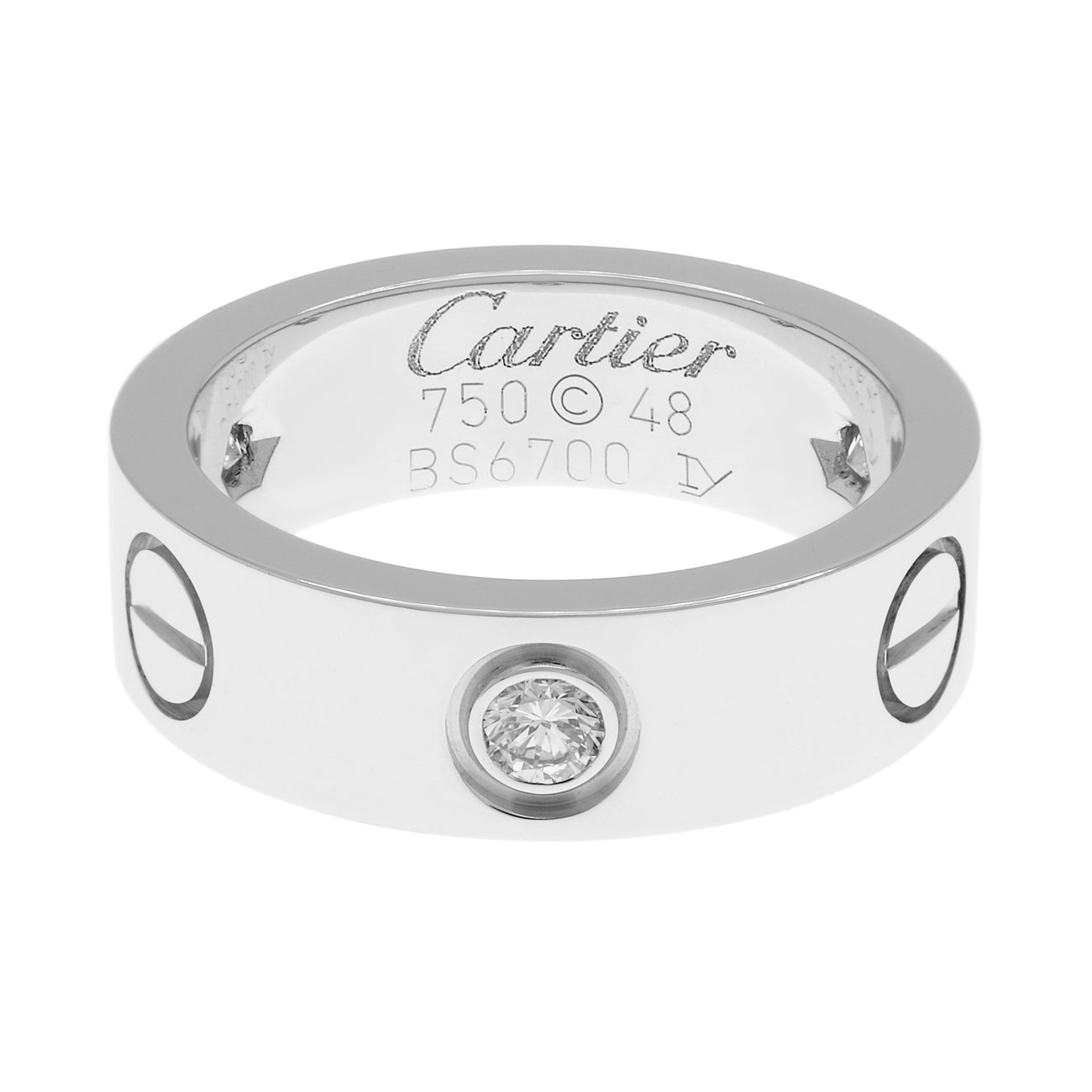 Exclusive Cartier 18K White Gold 3 Diamond Love Ring — Front View