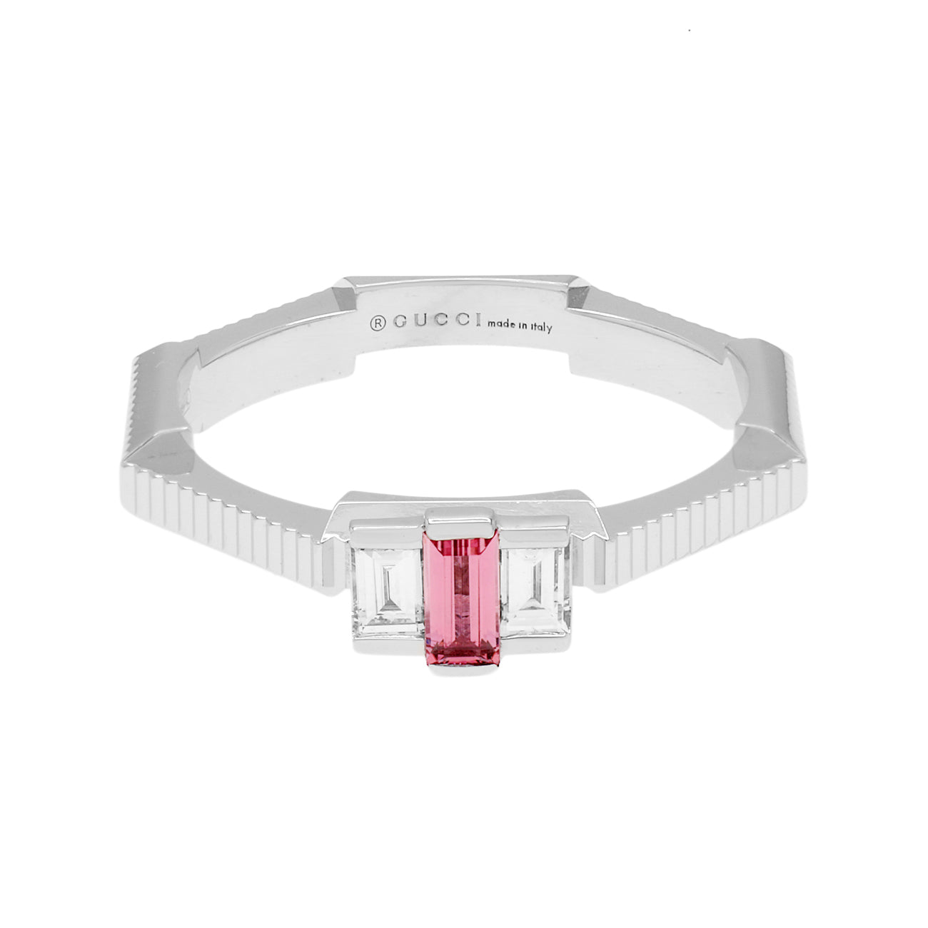 Exclusive Gucci 18K White Gold Rubellite Diamond Link to Love Ring — Front View