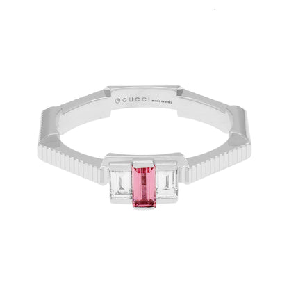 Exclusive Gucci 18K White Gold Rubellite Diamond Link to Love Ring — Front View