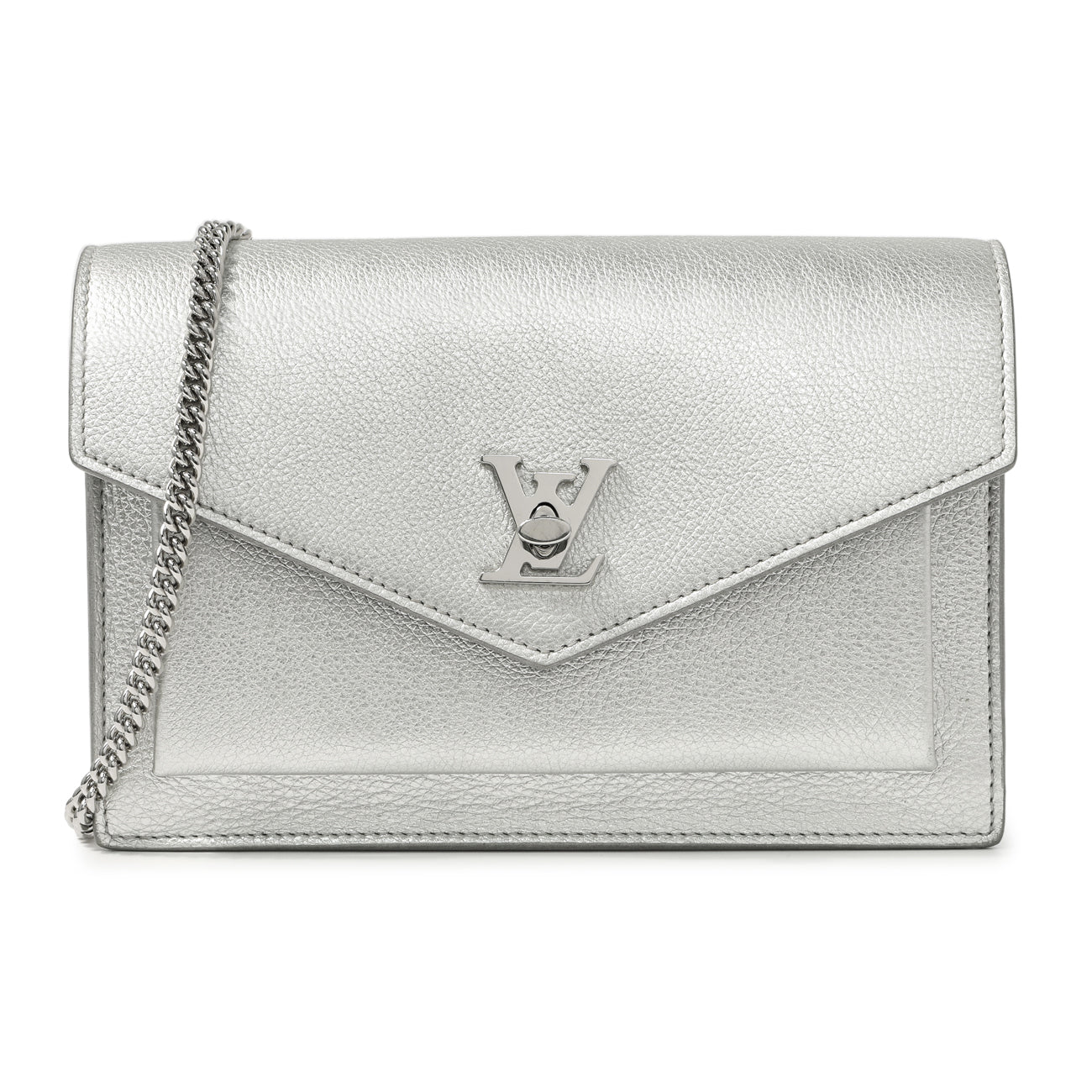 Exclusive Louis Vuitton Silver Soft Calfskin Mylockme Chain Pochette — Front View