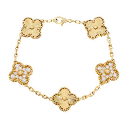 Exclusive Van Cleef & Arpels 18K Yellow Gold Diamond 5 Motifs Vintage Alhambra Bracelet — Front View