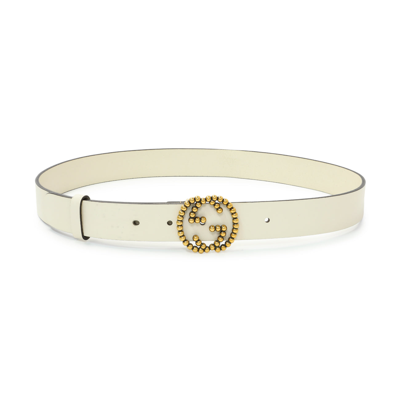 Exclusive Gucci White Calfskin Studded Interlocking G 30mm Belt — Front View