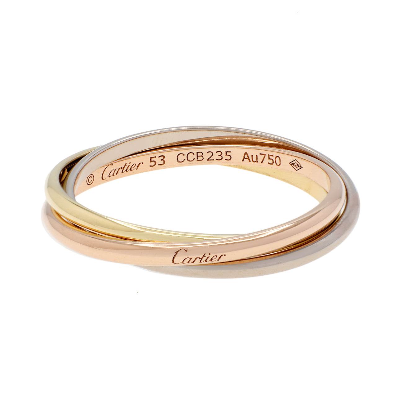 Exclusive Cartier 18K White Yellow Rose Gold Trinity XS Ring — Front View