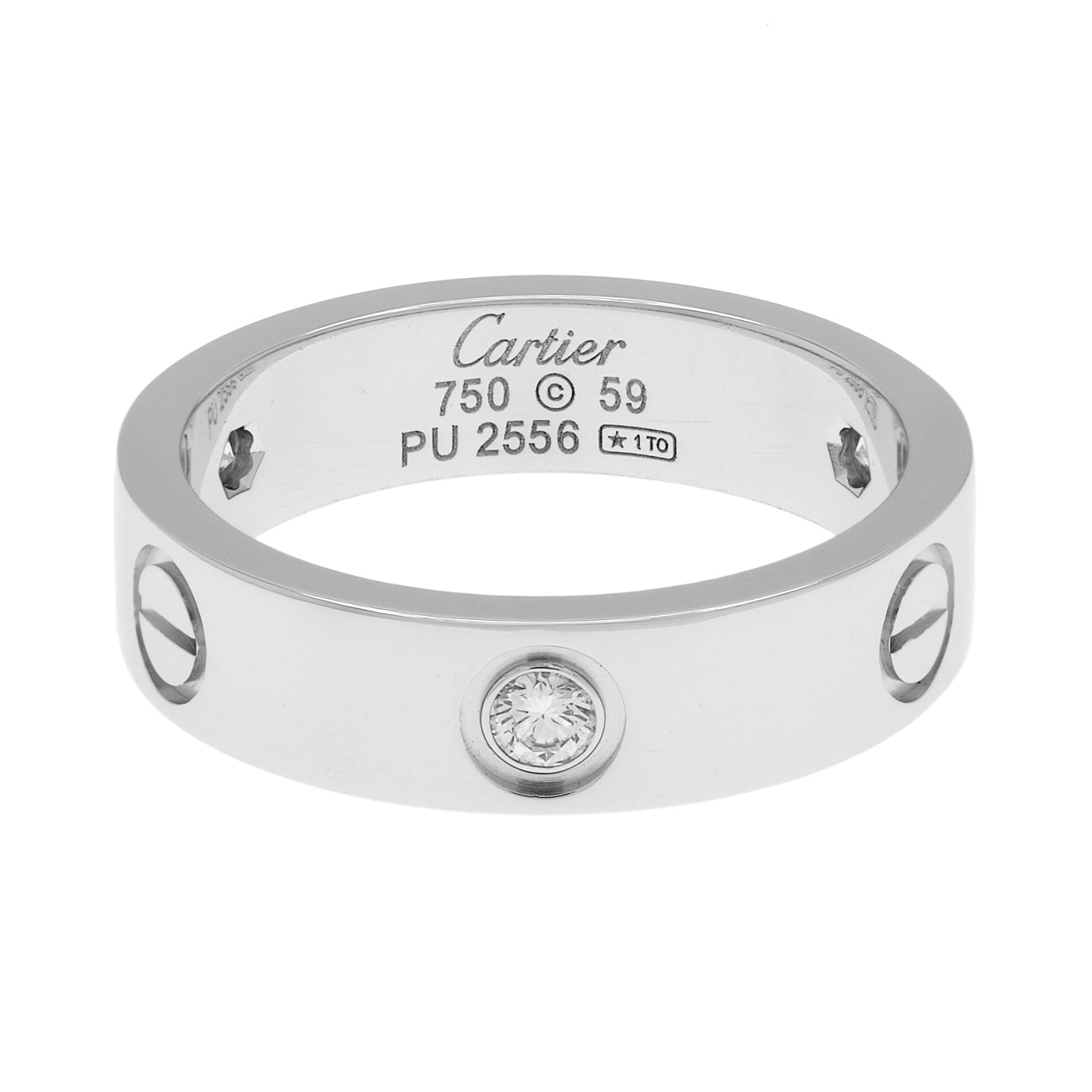 Exclusive Cartier 18K White Gold 3 Diamond Classic Love Ring — Front View