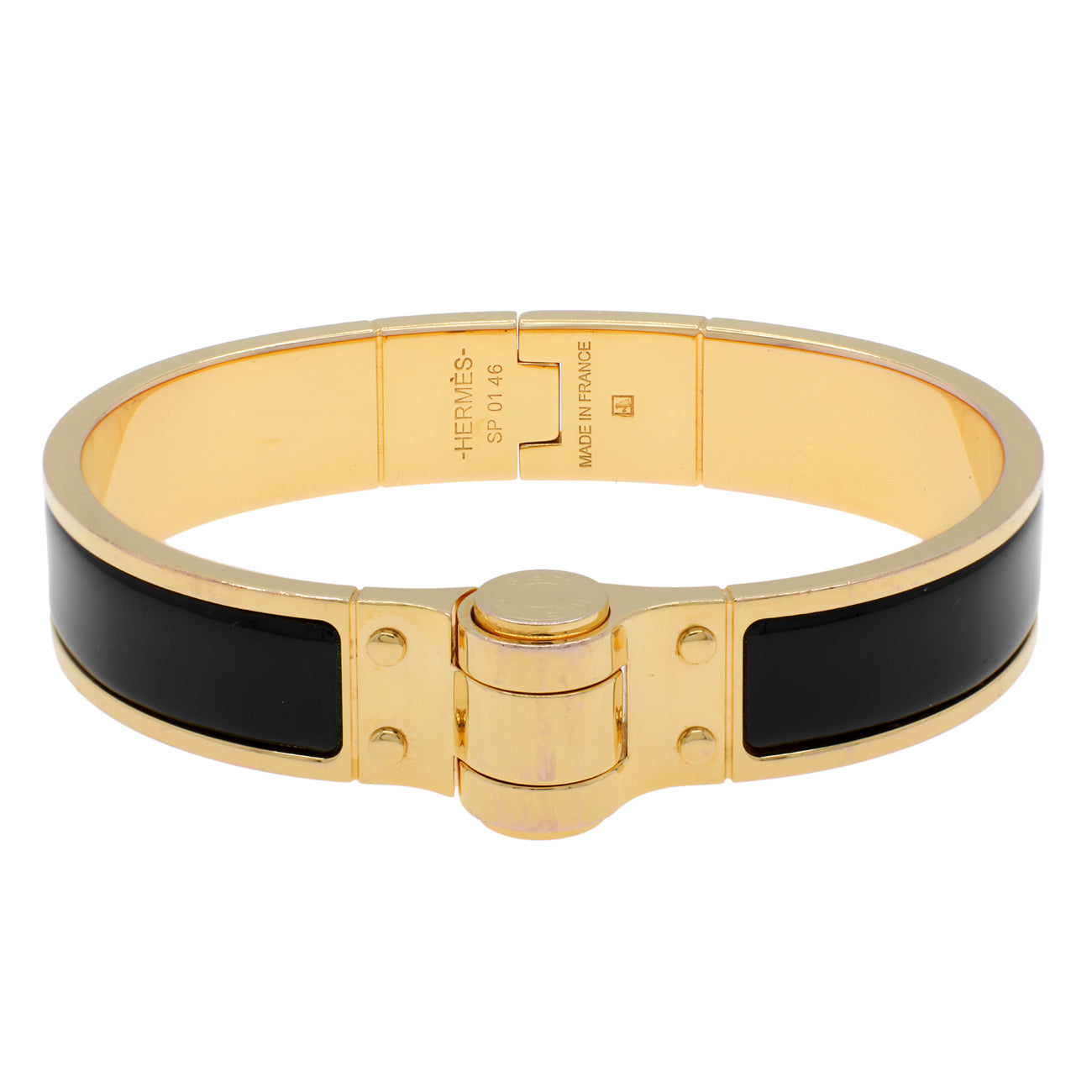 Exclusive Hermes Black Enamel Charniere Uni Narrow Hinged Bracelet — Front View