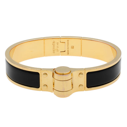 Exclusive Hermes Black Enamel Charniere Uni Narrow Hinged Bracelet — Front View