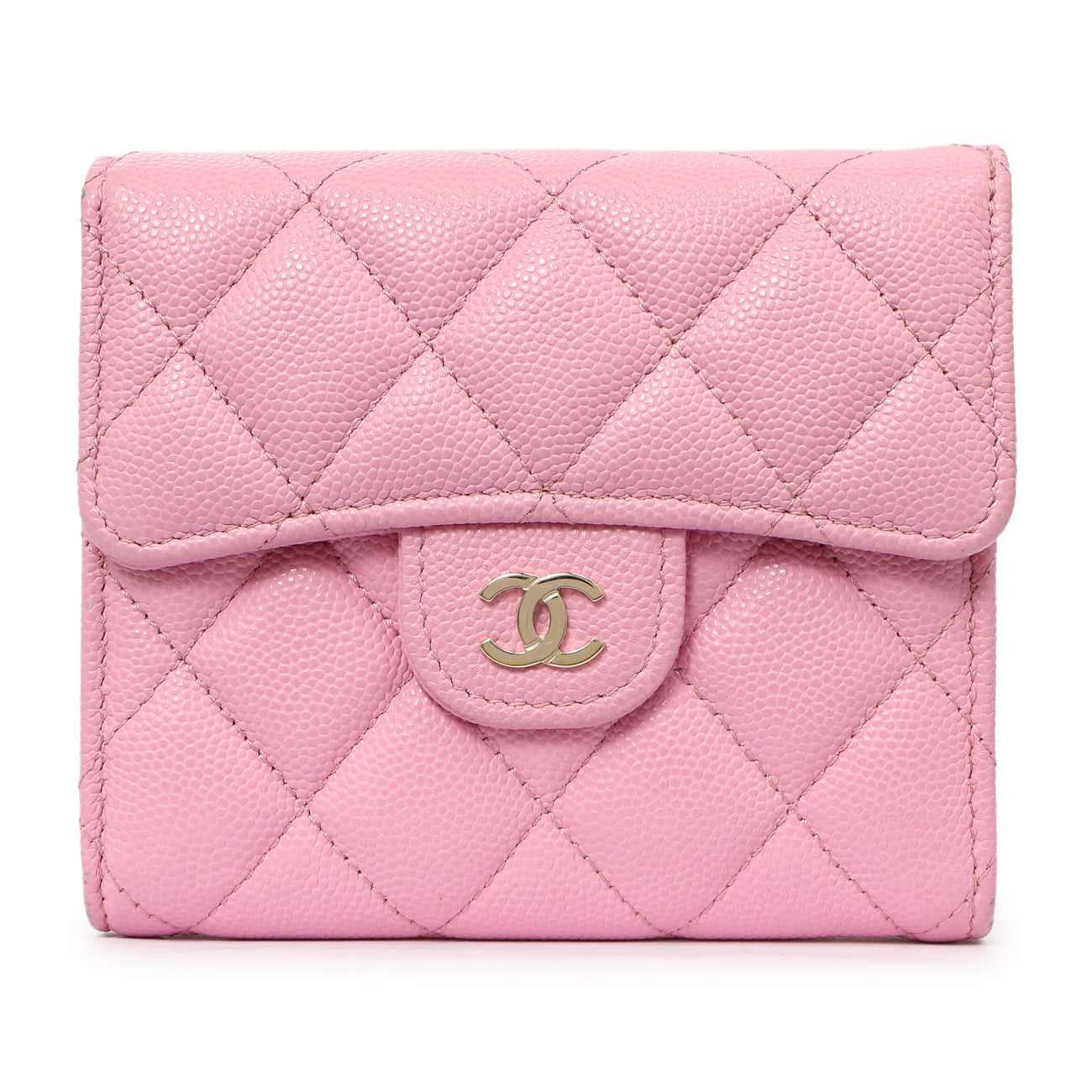 Exclusive Chanel Pink Quilted Caviar Compact Flap Wallet — Front View