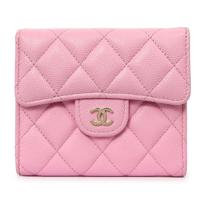 Exclusive Chanel Pink Quilted Caviar Compact Flap Wallet — Front View