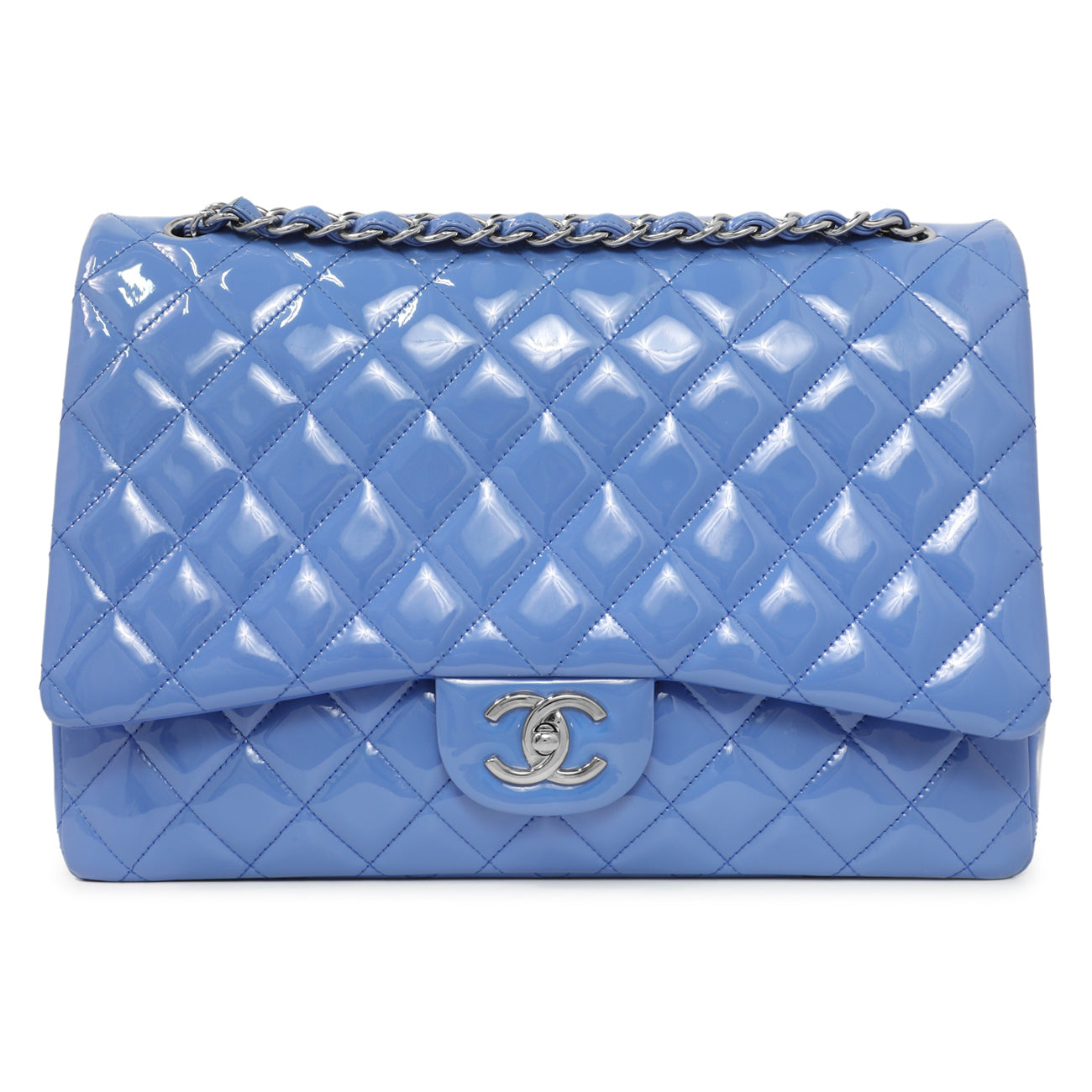 Exclusive Chanel Light Blue Patent Maxi Classic Double Flap — Front View