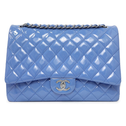 Exclusive Chanel Light Blue Patent Maxi Classic Double Flap — Front View