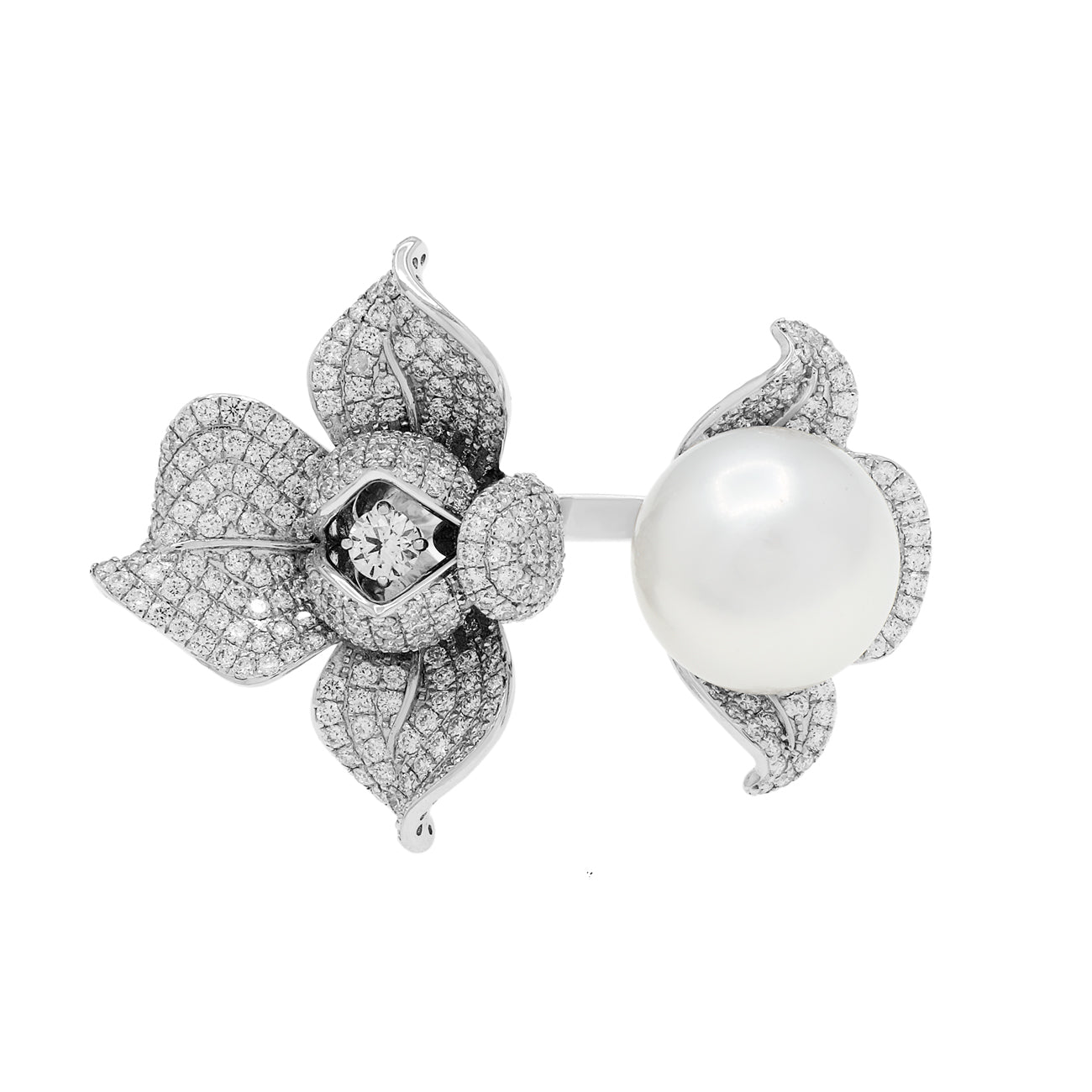 Exclusive 18K White Gold South Sea Pearl Diamond Blossom Ring — Front View