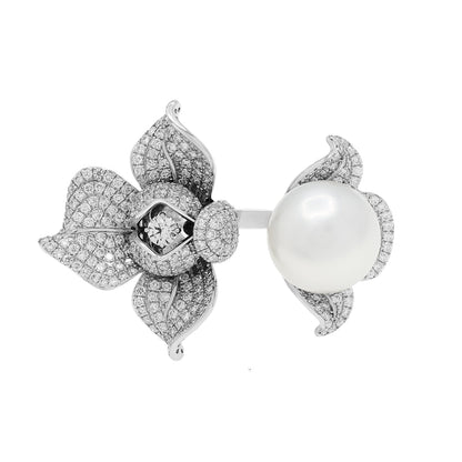 Exclusive 18K White Gold South Sea Pearl Diamond Blossom Ring — Front View