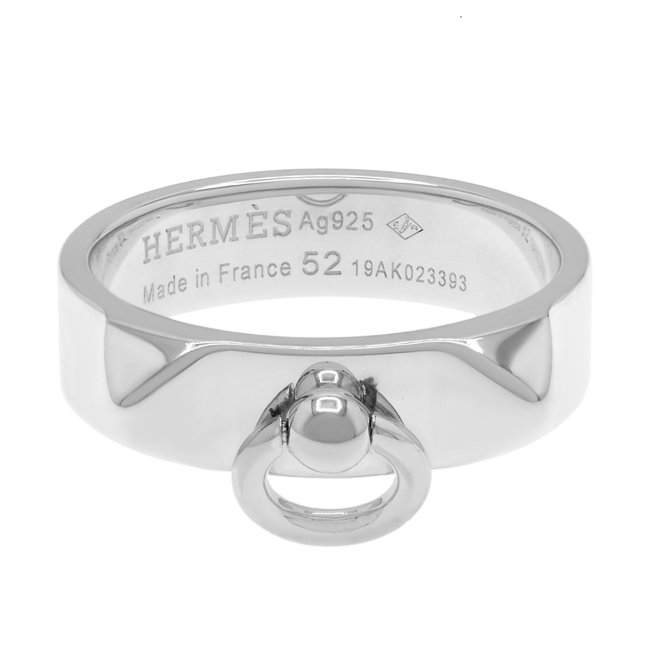 Exclusive Hermes Sterling Silver Collier De Chien Ring — Front View