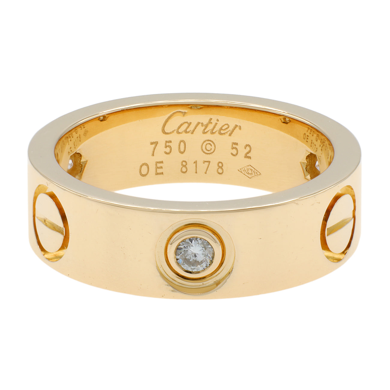 Exclusive Cartier 18K Yellow Gold 3 Diamond Love Ring — Front View