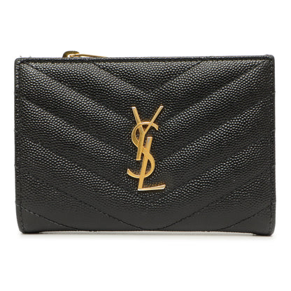 Exclusive Saint Laurent Black Grain De Poudre Matelasse Chevron Monogram Zipped Two-Part Wallet — Front View