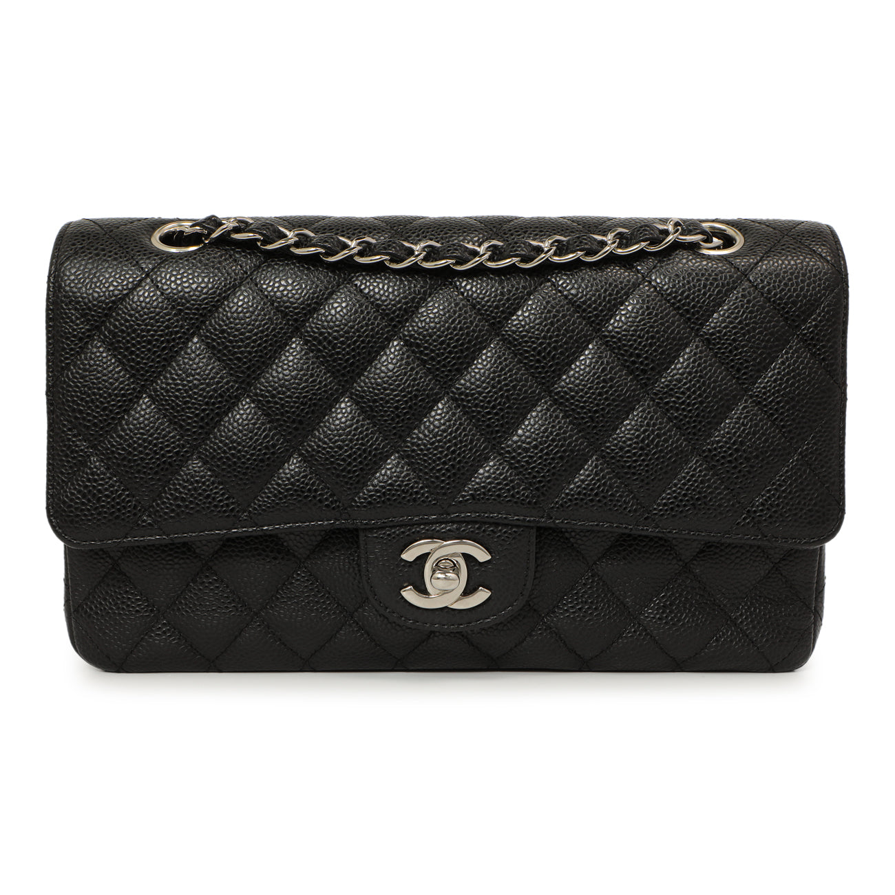 Exclusive Chanel Black Quilted Caviar Medium Classic Double Flap — Front View
